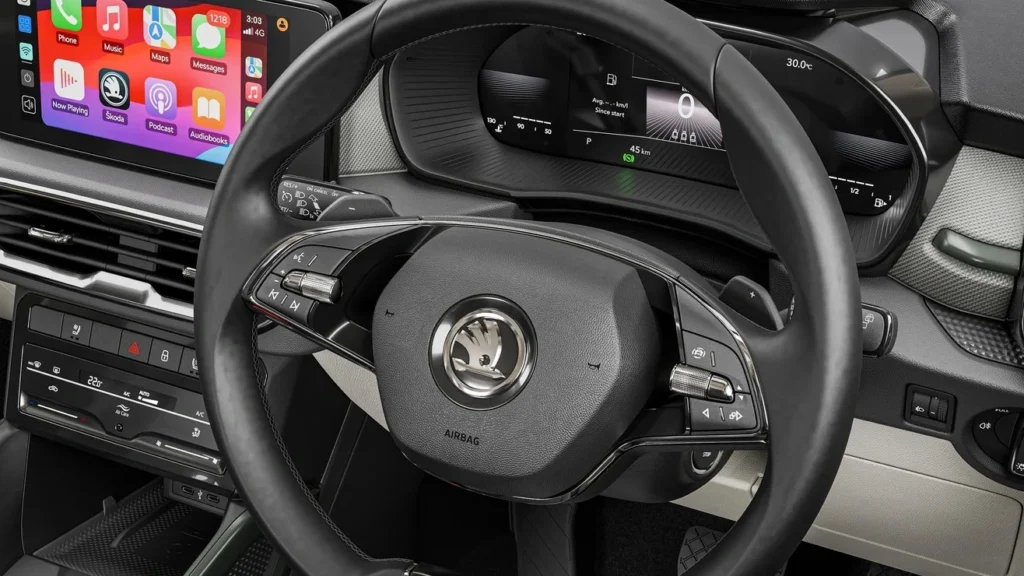 the steering wheel and dashboard of Skoda Kylaq 2025